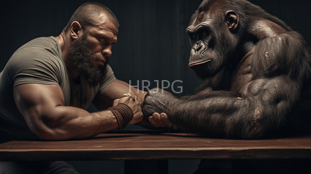 High Resolution: Muscular bearded man with a bald head and dark skin gripping a gorilla's hand over a wooden table appearing focused download. | HRJPG.com
