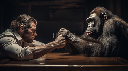 High Resolution: Muscular bearded man with long brown hair shaking hands with a large chimpanzee sitting at a wooden table in dim lighting download. | HRJPG.com