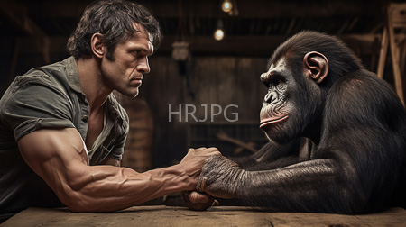 High Resolution: Muscular gray-haired man gripping hands with a large black-furred gorilla on a wooden table in a dim industrial background download. | HRJPG.com