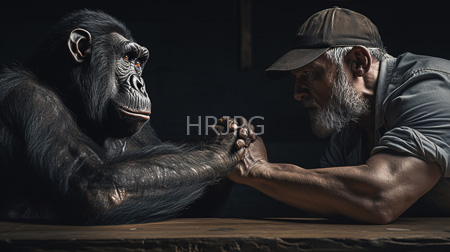 High Resolution: Elderly white man with a gray beard and cap holding hands gently across a wooden table with an intelligent-looking black-furred chimpanzee download. | HRJPG.com