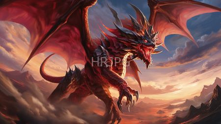 High Resolution: Imposing red-scaled dragon with large wings and sharp claws against a dramatic sunset sky filled with clouds showing a fierce expression download. | HRJPG.com