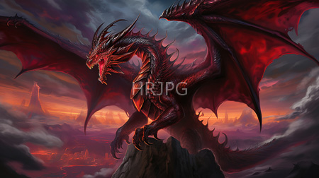 High Resolution: Imposing red-scaled dragon with large wings and sharp horns perched on a rocky cliff at sunset with dramatic purple orange and pink clouds download. | HRJPG.com