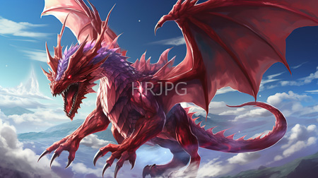 High Resolution: Imposing red-scaled dragon with purple accents soaring through a bright blue sky filled with fluffy white clouds and distant mountain ranges download. | HRJPG.com