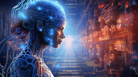 High Resolution: Ethereal futuristic female profile with glowing blue neural patterns on her head in front of vibrant orange-red technological structures illuminated by neon lights download. | HRJPG.com