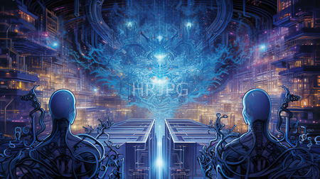 High Resolution: Two alien-like beings with smooth featureless heads and intricate black tentacles stand before an illuminated portal in futuristic cityscape architecture download. | HRJPG.com