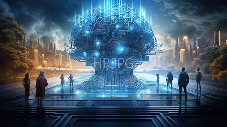 High Resolution: Futuristic cityscape with a glowing blue tree-like structure at center surrounded by silhouetted figures on reflective platform steps download. | HRJPG.com