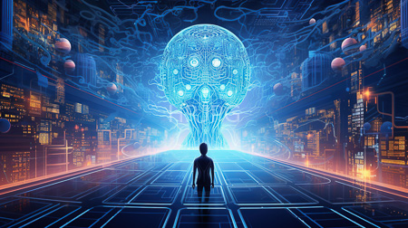 High Resolution: Futuristic cityscape with neon lights and a lone silhouette facing a large glowing cybernetic head structure adorned with circuits download. | HRJPG.com