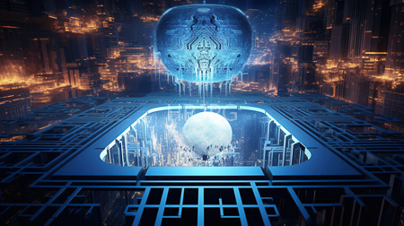 High Resolution: Ethereal futuristic cityscape with glowing blue and orange lights and two large celestial spheres dominating the dark skies download. | HRJPG.com