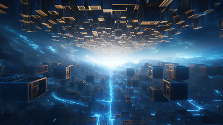 High Resolution: Ethereal futuristic cityscape with floating rectangular buildings adorned in golden lights against a dark blue and glowing cyan background download. | HRJPG.com