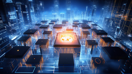 High Resolution: Aerial view of a futuristic cityscape at night featuring numerous rectangular skyscrapers with glowing orange lights and transparent glass facades download. | HRJPG.com