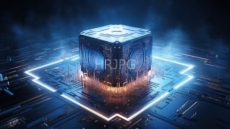 High Resolution: Intricately designed glowing blue metallic cube floating above futuristic circuitry and neon lights in space-like darkness with misty ambiance download. | HRJPG.com