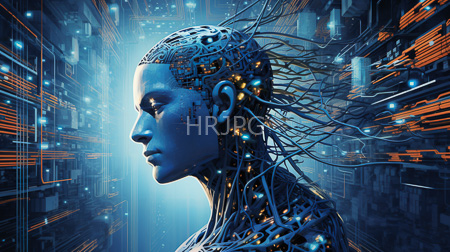High Resolution: Androgynous blue-toned humanoid figure with intricate cybernetic wiring extending from their head to shoulders against a futuristic background download. | HRJPG.com