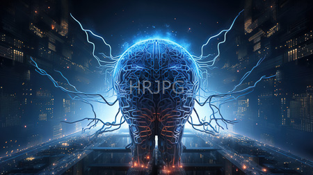 High Resolution: Illuminated blue-glowing brain with intricate neural pathways extending like lightning bolts against a dark cityscape backdrop at night download. | HRJPG.com