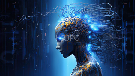 High Resolution: Androgynous futuristic humanoid with glowing blue eyes in profile view with intricate neural networks illuminating their head like ethereal hair download. | HRJPG.com