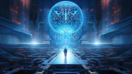 High Resolution: Futuristic cyberpunk-style scene with dark blue and orange hues central figure silhouetted against a glowing pathway leading to a large bioluminescent sphere download. | HRJPG.com