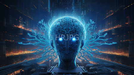 High Resolution: Ethereal blue-lit humanoid figure with intricate tree-like patterns on its face and glowing cyan eyes surrounded by a futuristic cityscape download. | HRJPG.com
