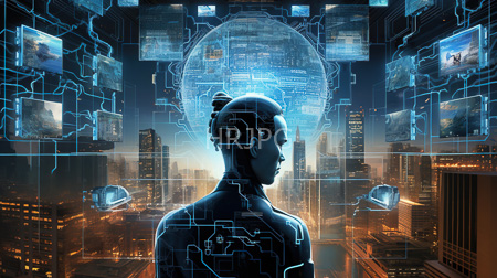 High Resolution: Androgynous futuristic human with blue circuitry patterns on their skin stands in front of glowing holographic screens against a cityscape at night download. | HRJPG.com