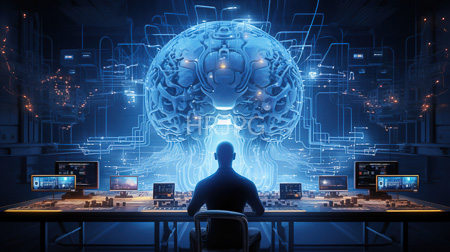 High Resolution: Silhouetted male figure seated at multiple computer monitors in front of an enormous glowing blue sphere with intricate patterns download. | HRJPG.com