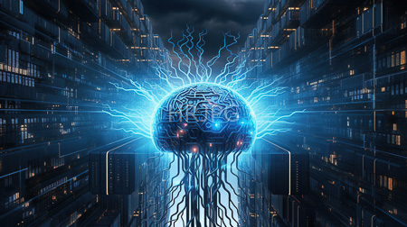 High Resolution: Ethereal glowing blue sphere with intricate circuitry and neon lights at its center hovering above towering rows of illuminated server racks download. | HRJPG.com