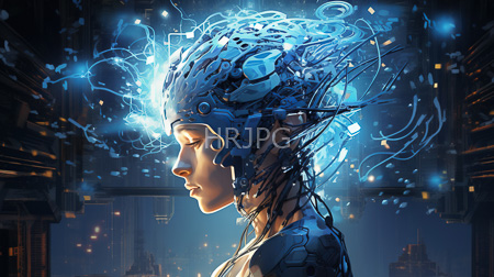 High Resolution: Androgynous cybernetically enhanced human with glowing blue energy emanating from their head with intricate mechanical components replacing skin download. | HRJPG.com