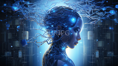 High Resolution: Ethereal blue-lit female cyborg with exposed neural networks and glowing circuits in her head with intricate wires extending from behind download. | HRJPG.com
