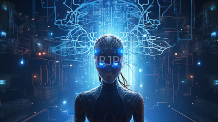 High Resolution: Androgynous cybernetic humanoid with glowing blue eyes in front of intricate neon circuitry patterns with branching light-blue lines resembling neural networks download. | HRJPG.com