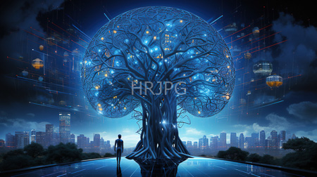 High Resolution: Enormous glowing blue tree with intricate branches and luminescent orbs stands on reflective ground amidst futuristic cityscape buildings at night download. | HRJPG.com
