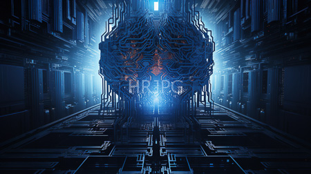 High Resolution: Intricate futuristic corridor with glowing blue lights and complex circuitry patterns on dark metallic walls with a massive central structure download. | HRJPG.com