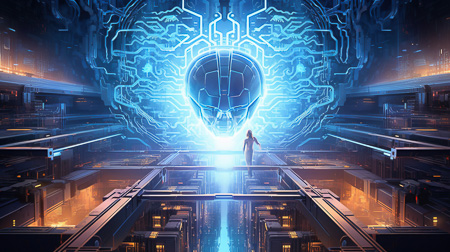 High Resolution: Futuristic cyberpunk-style scene with vibrant blue and orange lighting a lone figure stands on elevated metallic platforms in front of intricate neon-blue circuitry patterns download. | HRJPG.com
