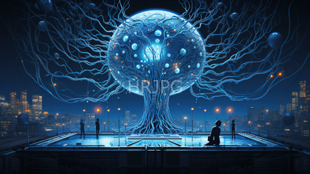 High Resolution: Ethereal futuristic cityscape at night with glowing blue lights and towering skyscrapers a large luminous tree-like structure dominates center download. | HRJPG.com