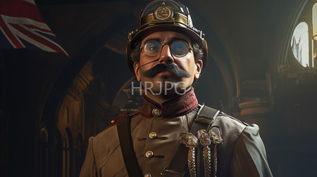 High Resolution: Photorealistic Indian man with dark skin round glasses and thick mustache wears steampunk military attire including a brass helmet and brown uniform download. | HRJPG.com