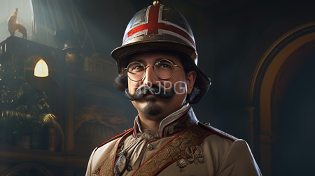 High Resolution: Photorealistic Indian man with medium brown skin thick black mustache and goatee wears round glasses under a metallic British-style military helmet download. | HRJPG.com