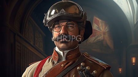 High Resolution: Older mustachioed man with glasses and olive skin wears vintage British military attire including a brass helmet brown leather straps and a beige uniform jacket download. | HRJPG.com