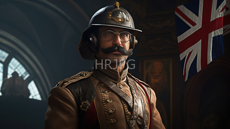 High Resolution: Older bearded man with glasses and mustache wears vintage British military attire including a leather helmet and a brown jacket over a red vest download. | HRJPG.com