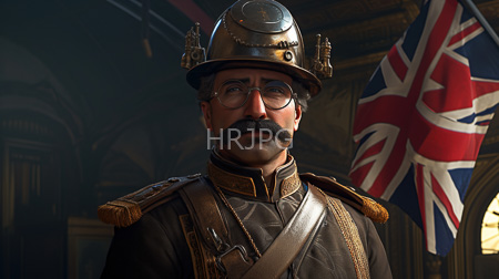 High Resolution: Older mustached man with round glasses wears vintage British military attire including a brass helmet and dark brown leather uniform adorned by straps download. | HRJPG.com