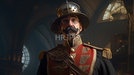 High Resolution: Older bearded man with round glasses and dark mustache wears ornate military attire featuring gold epaulettes on red shoulders and a silver helmet download. | HRJPG.com