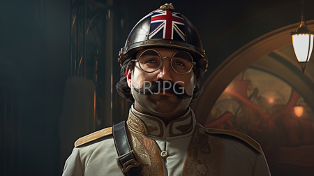 High Resolution: Indian man with medium brown skin black mustache and beard wears round glasses under a British military-style helmet and an ornate gold-trimmed white uniform download. | HRJPG.com