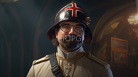 High Resolution: Older mustached man with glasses wears a German military uniform and a black helmet adorned with a red cross insignia in a dim-lit room download. | HRJPG.com