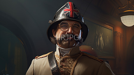 High Resolution: Older mustached man with glasses wears a British military helmet adorned with a Union Jack patch and a beige uniform with intricate embroidery download. | HRJPG.com