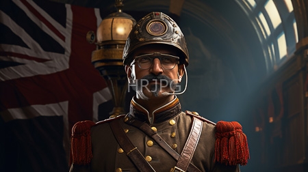 High Resolution: Indian man with dark skin thick mustache and goatee wears round glasses under a vintage military-style brown leather helmet and a red-striped uniform jacket download. | HRJPG.com