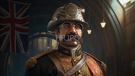 High Resolution: Imposing mustachioed man in ornate Victorian-era military uniform with gold accents and a brass helmet wears round glasses download. | HRJPG.com