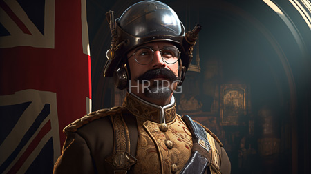 High Resolution: Detailed mustachioed man with glasses and gray beard wears steampunk military attire including brass goggles on his helmet in front of a Union Jack flag download. | HRJPG.com