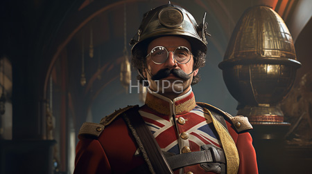 High Resolution: Older man with light skin thick mustache and glasses wears vintage British military attire featuring a red coat adorned with a Union Jack on the chest download. | HRJPG.com