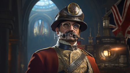 High Resolution: Older mustachioed man with round glasses and fair skin wears steampunk attire including goggles on his hat and a red coat over a gold-patterned shirt download. | HRJPG.com