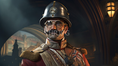High Resolution: Authoritative middle-aged white man with glasses and a mustache wears a shiny steel helmet and a red military uniform decorated with a Union Jack ribbon download. | HRJPG.com