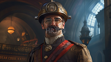High Resolution: Older bearded man with glasses and mustache wears steampunk attire including brass goggles on his helmet and a red sash over a brown military-style jacket download. | HRJPG.com