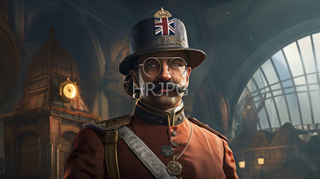 High Resolution: Older white man with glasses mustache wears round wire-rimmed spectacles and a British military uniform with a black top hat displaying a Union Jack patch download. | HRJPG.com