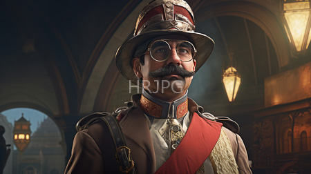 High Resolution: Older mustachioed man with round glasses and dark skin wears ornate military attire including a red sash brown coat gold buttons and a silver helmet download. | HRJPG.com