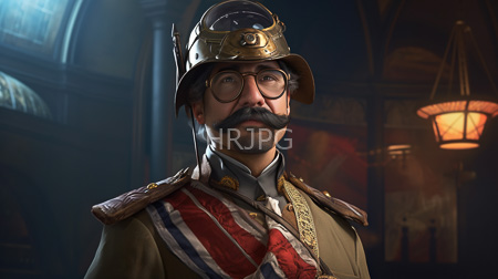 High Resolution: Older man with light skin round glasses and thick mustache wears historical military attire including a brass helmet goggles and a brown uniform with red-and-white sash download. | HRJPG.com