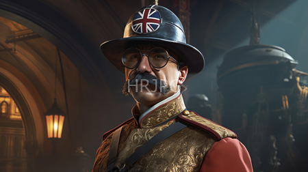 High Resolution: Older mustached man with round glasses wears a British Union Jack-adorned military helmet and an ornate gold-brown uniform in a dim-lit Victorian-style interior download. | HRJPG.com